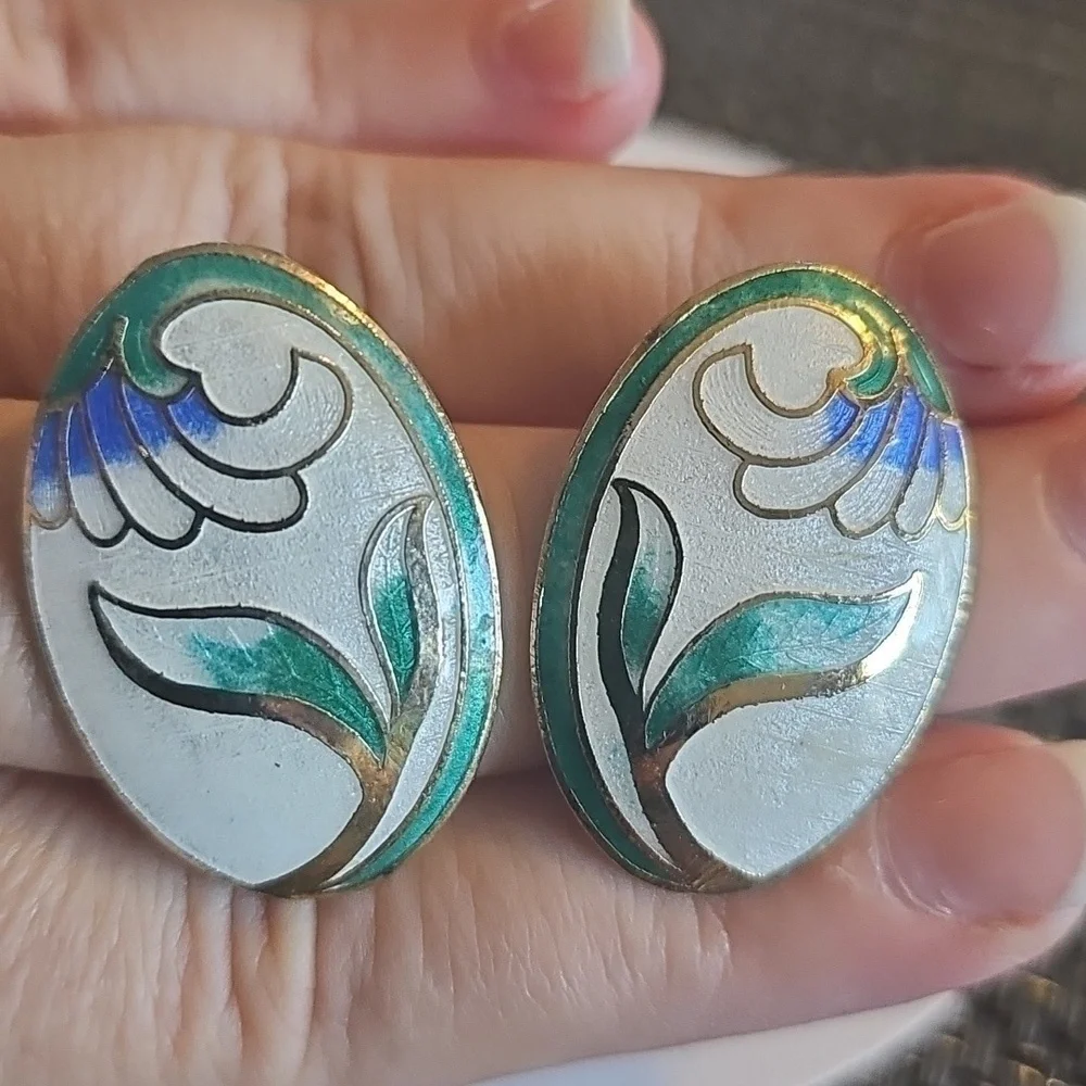 🦋 Vintage Floral White, Green and Blue Enamel Earrings